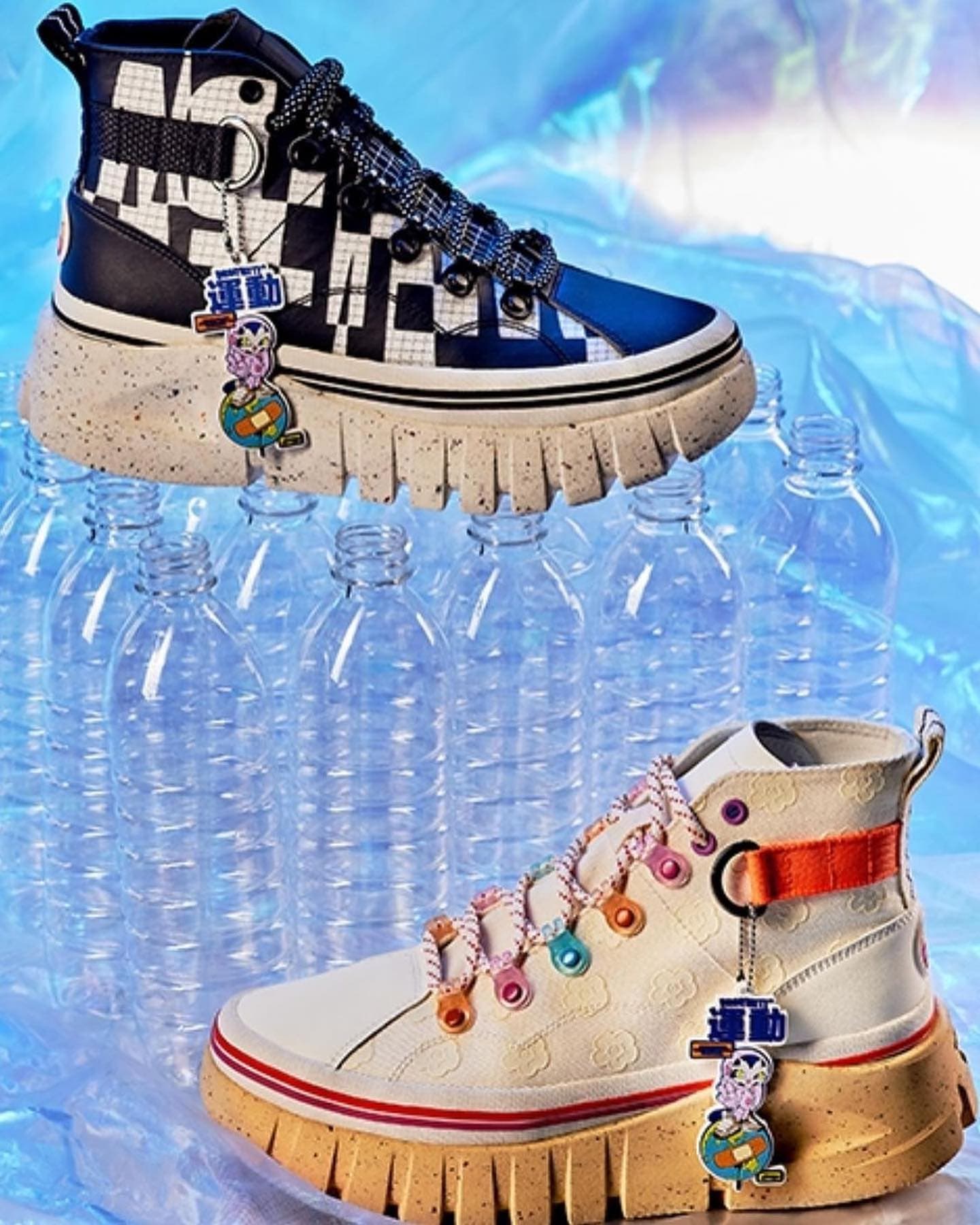 Persue’s Earth Day footwear capsule for Li-Ning, staged on recycled bottles.